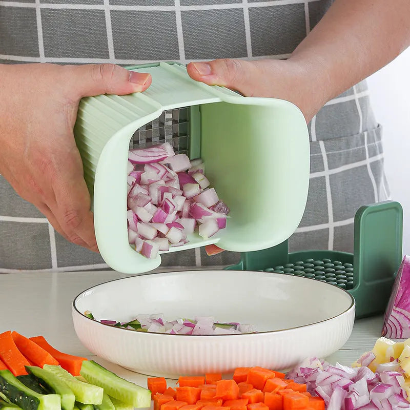 Green manual vegetable chopper with stainless steel blades for onions, potatoes, radishes, cucumbers