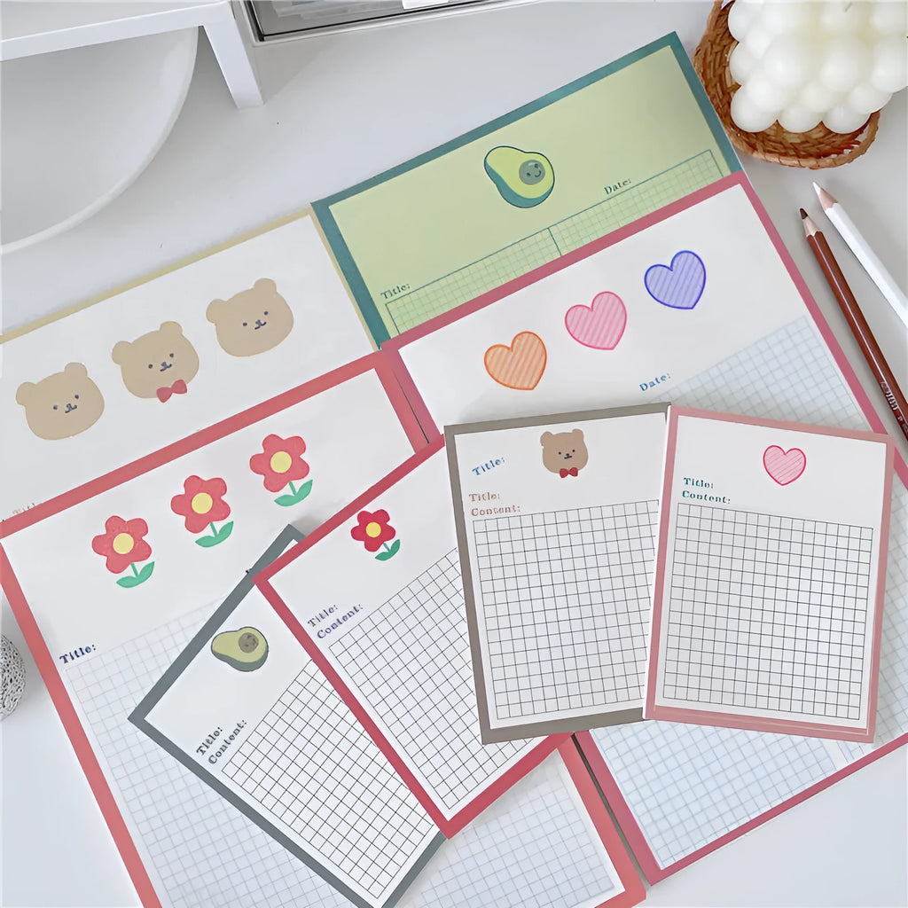 Avocado bear cartoon sticky note paper pad showing 30 pages in small and large size options
