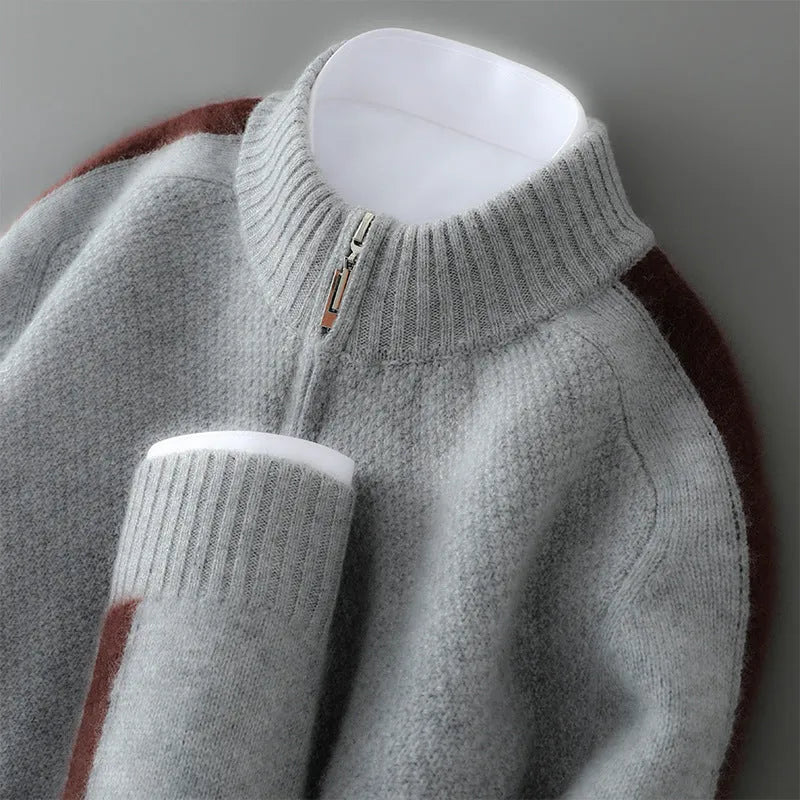 Half-zip round neck sheep wool knitted sweater in slim fit, shown in one of four colour options.