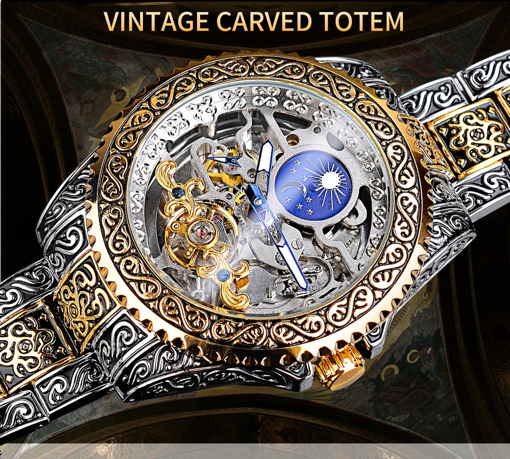 Yellow Forsining skeleton tourbillon mechanical watch with stainless steel case and bracelet
