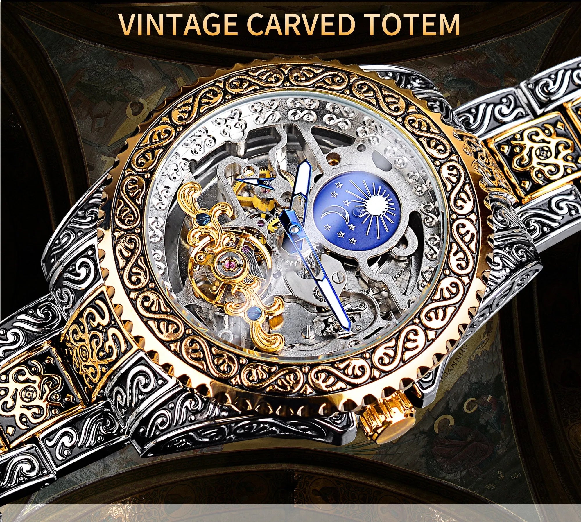 Yellow Forsining skeleton tourbillon mechanical watch with stainless steel case and bracelet