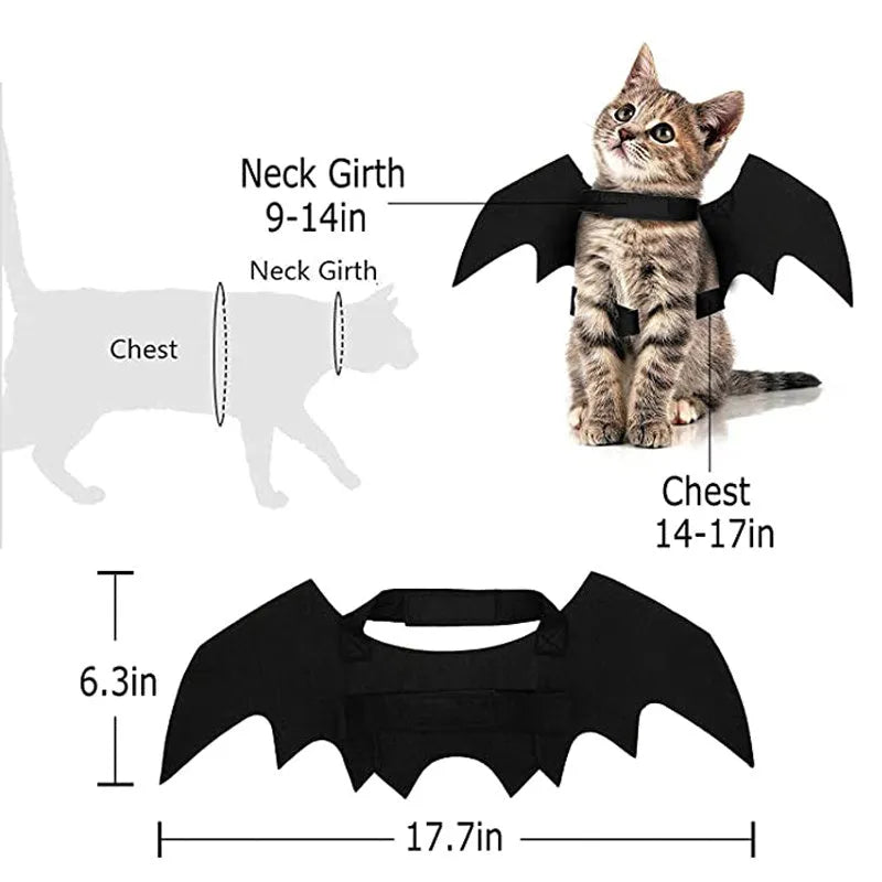 Black felt Halloween bat wings for cats and small dogs with Velcro neck and chest straps, 1PC