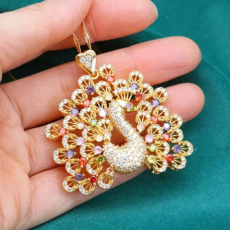 Peacock design pendant necklace with colourful micro inlaid zircon and real gold plating over copper