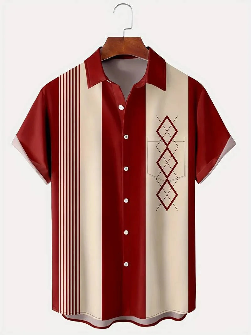Man wearing a loose-fit short sleeve plaid shirt with a lapel collar in contrasting colours.