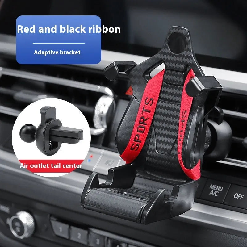 Gold coloured car air vent mobile phone holder with 360-degree rotating head mounted on a car dashboard vent.
