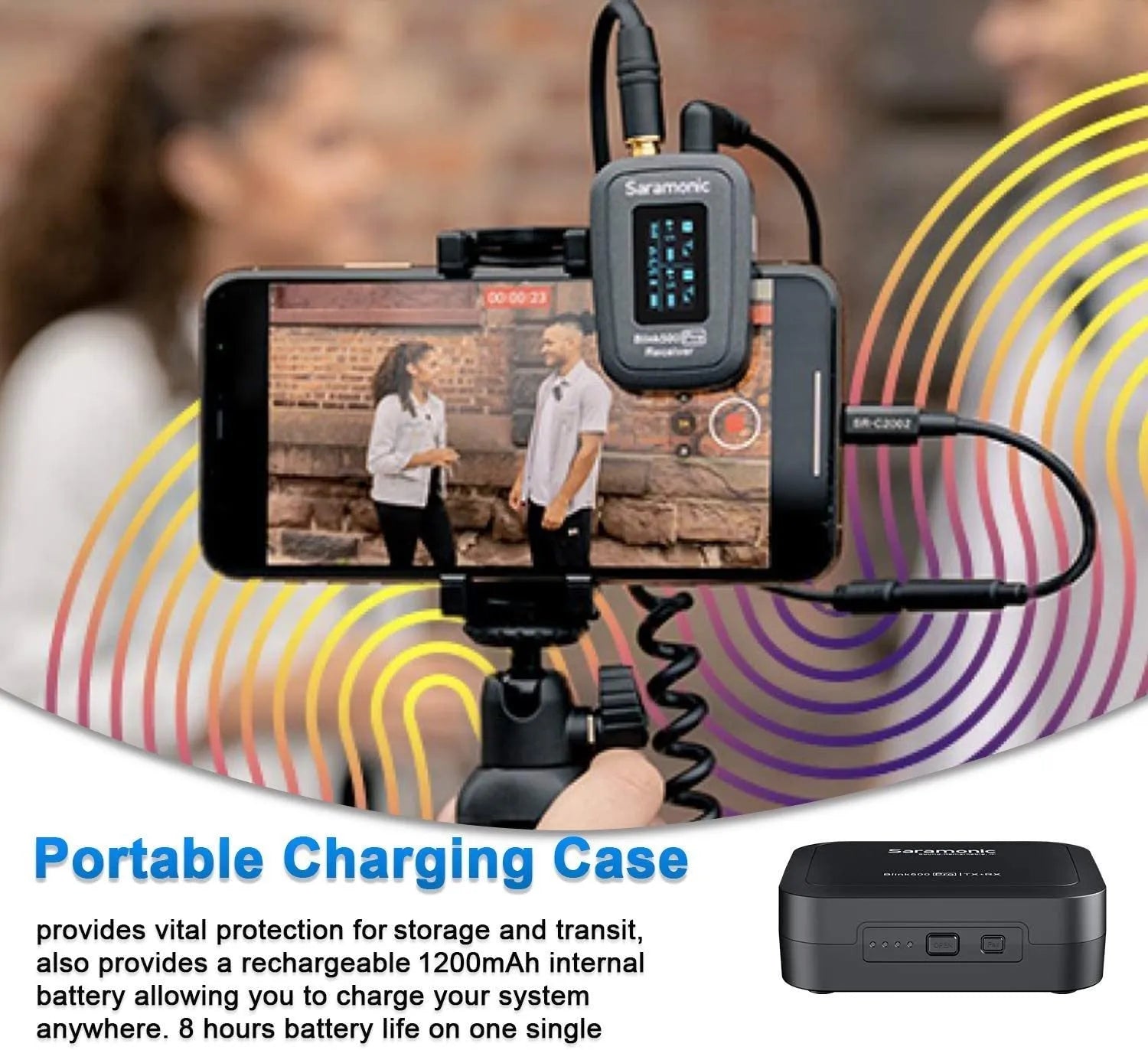 2.4GHz wireless lapel microphone with clip and OLED display shown alongside lavalier microphone
