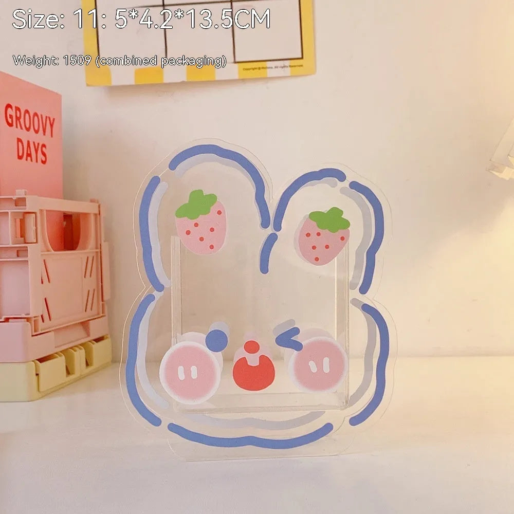 Square clear acrylic storage box with a lid, showing one of the cute decorative designs such as the Strawberry Rabbit pattern.