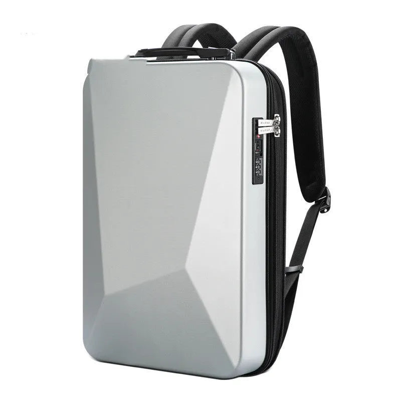 Large black PC hard shell men's backpack with lock, showing laptop compartment and shoulder straps.