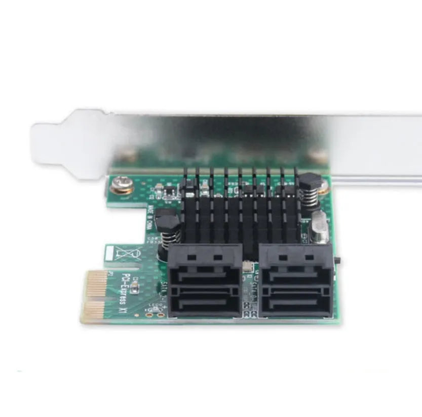 PCIe to SATA3.0 extension card with four SATA3.0 ports, PCIe x1 interface, green finish, and 2U baffle.