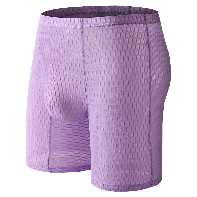 Men's solid colour lace boxer shorts with a hip lifting shaping design