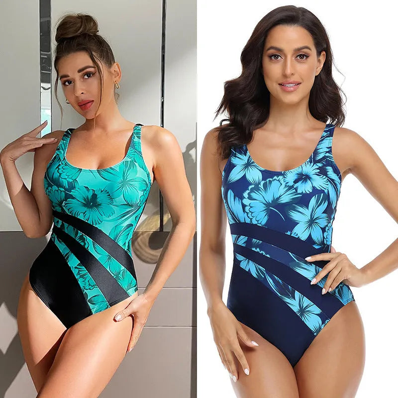 Women's conservative briefs style one-piece swimsuit in chemical fibre polyester blend