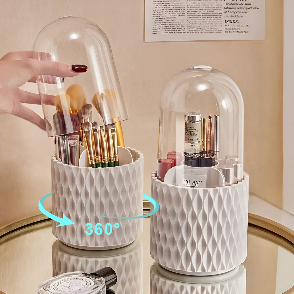 White rotating acrylic makeup brush storage box with transparent sides and dustproof lid