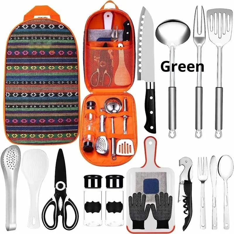 16 piece outdoor camping tableware set with forks and spoons in black finish