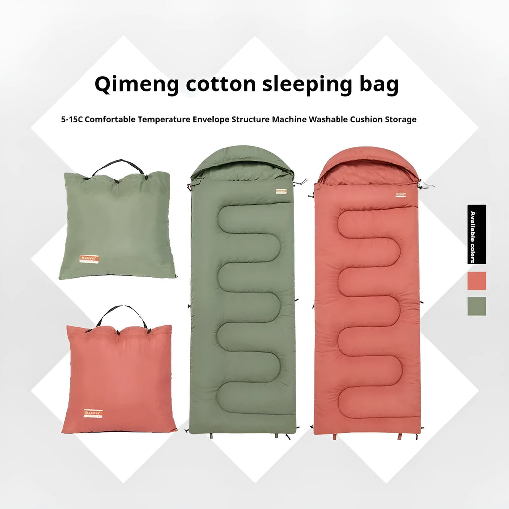 Ochre and olive green portable cotton camping sleeping bag with carry case.