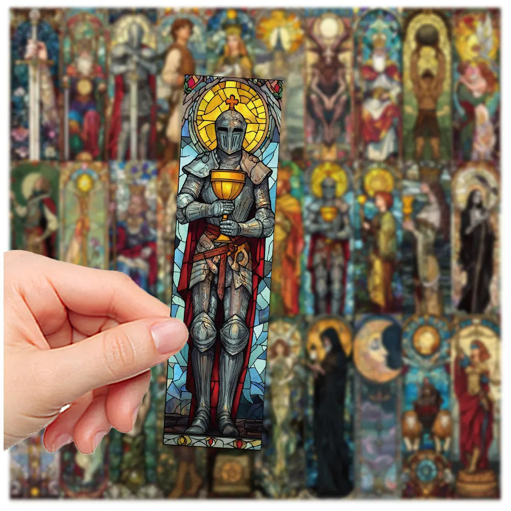 Set of 30 colourful painted glass tarot-themed paper bookmarks in a cute homemade style.