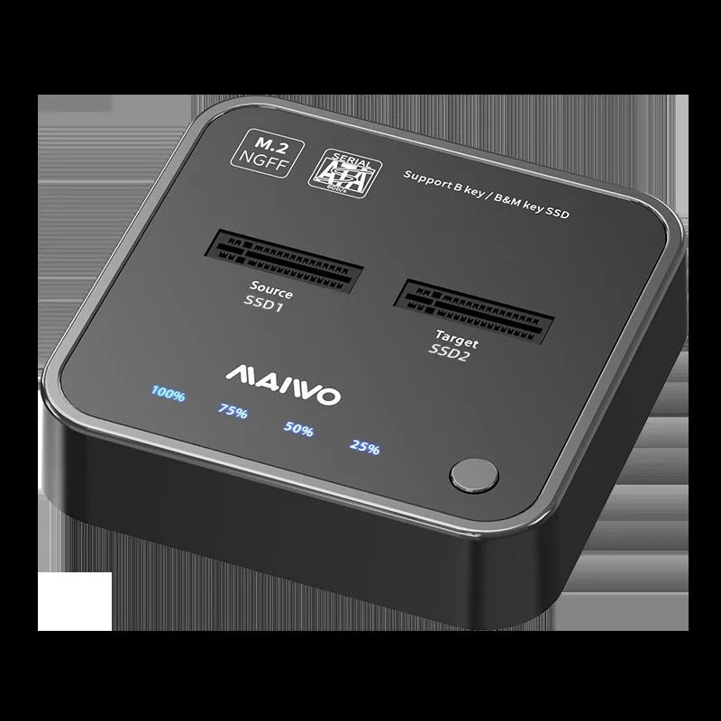 MAIWO K3016 M2 hard disk cloning dock for NVMe and SATA SSDs with USB cables and power adapter.