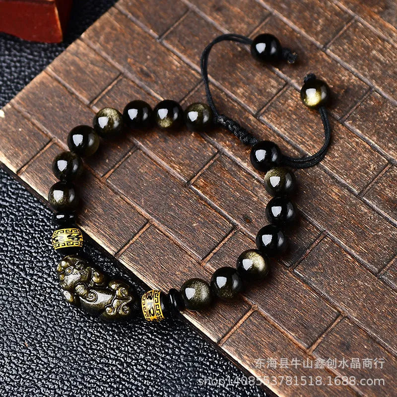Hand-woven golden obsidian Pi Xiu bracelet with natural stone beads in Chinese zodiac style