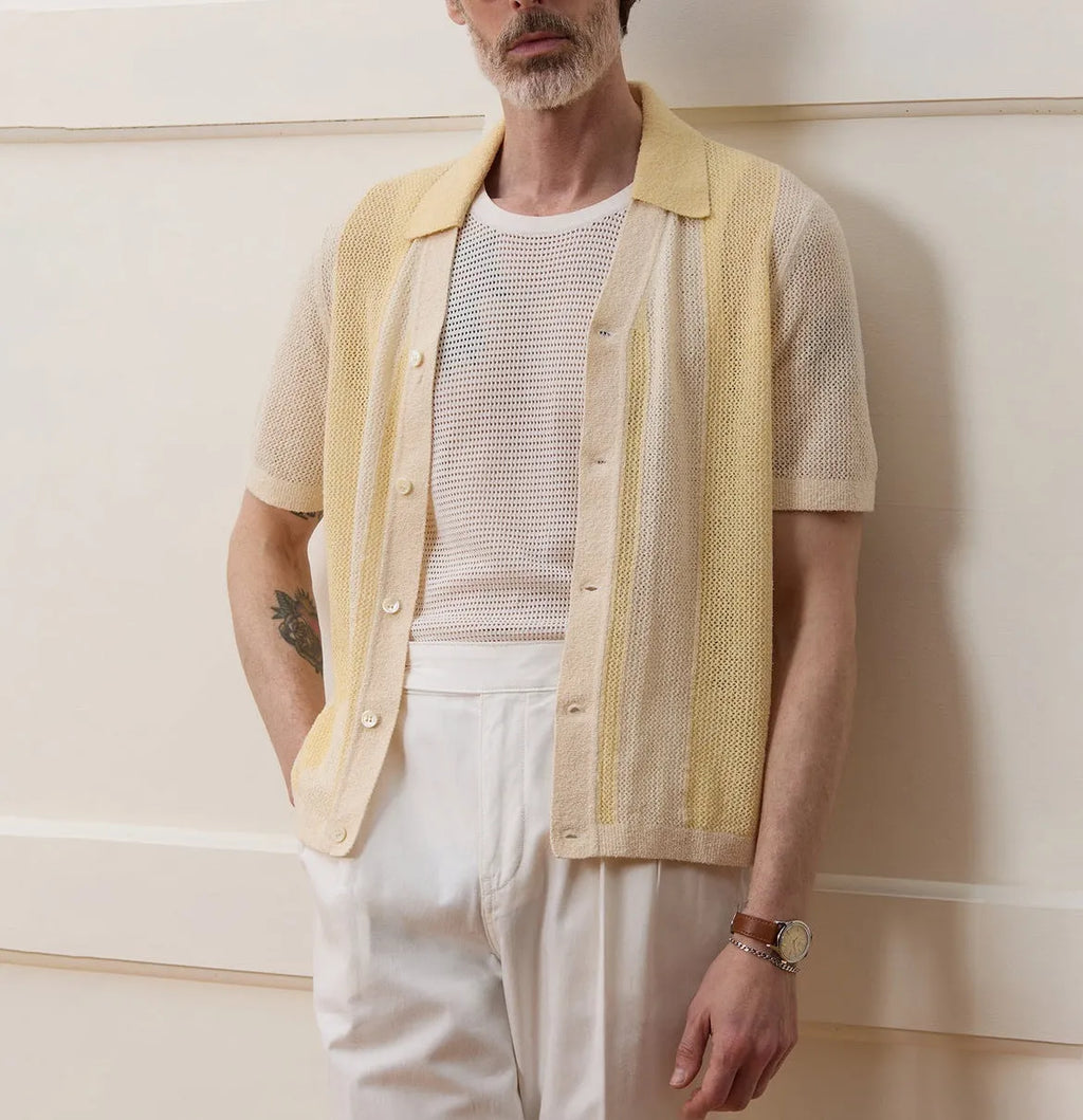 Yellow Tencel fabric casual polo shirt with asymmetric design and short sleeves