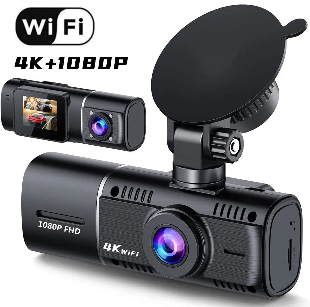 Black dual-channel dash cam with 1.5-inch screen mounted on car windscreen, showing front and rear view.