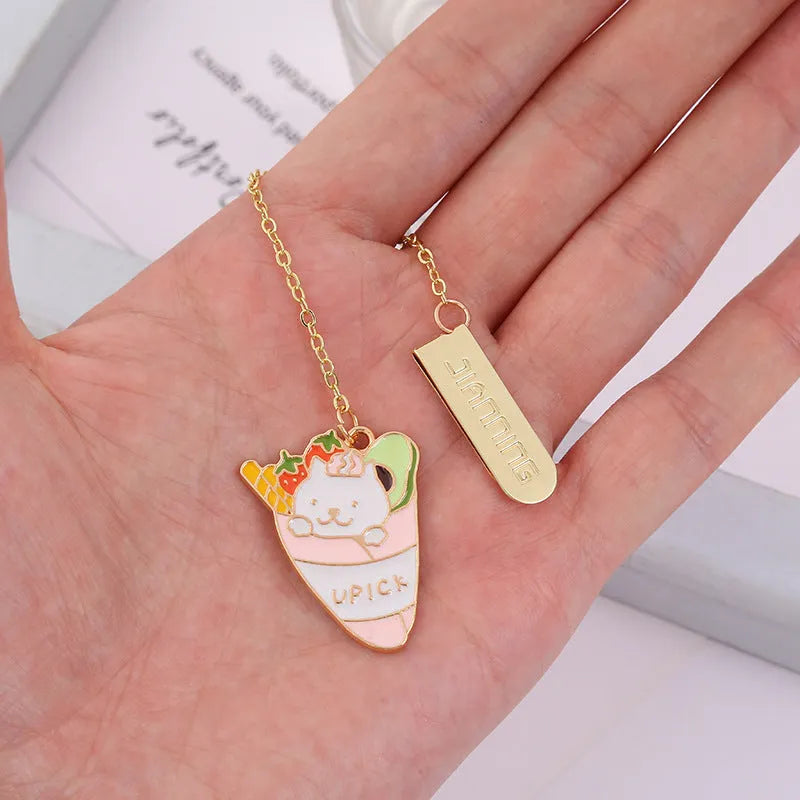 Jane Lime Foodie cute pet cat cartoon design on a metal pendant bookmark with colourful graphic.