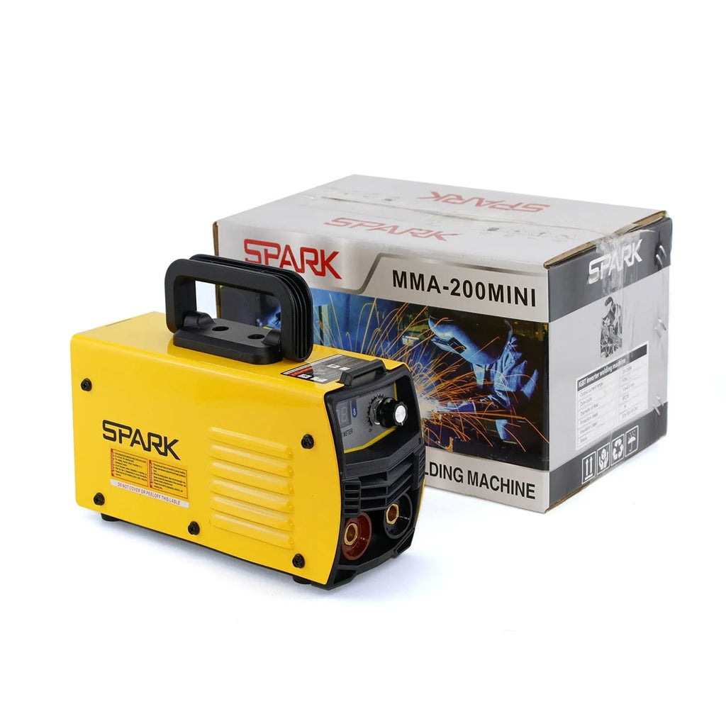 MMA-200MIN compact 220 volt DC inverter stick welding machine with electrode holder and face shield on a workbench.