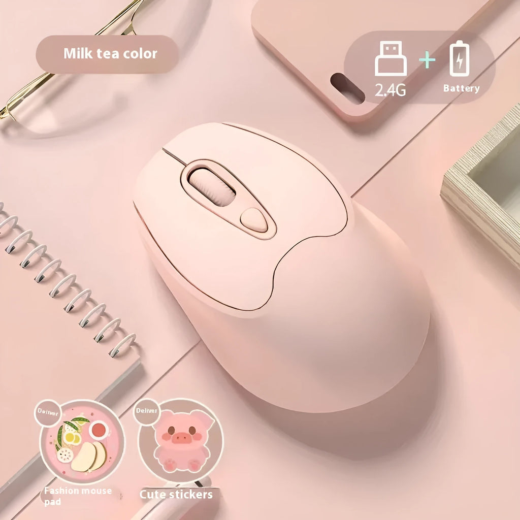 Dual-mode Bluetooth wireless mouse in girl pink, milk tea pink, grey or green, with USB and mute click.