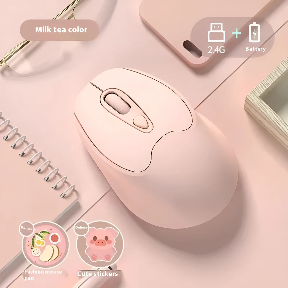 Dual-mode Bluetooth wireless mouse in girl pink, milk tea pink, grey or green, with USB and mute click.