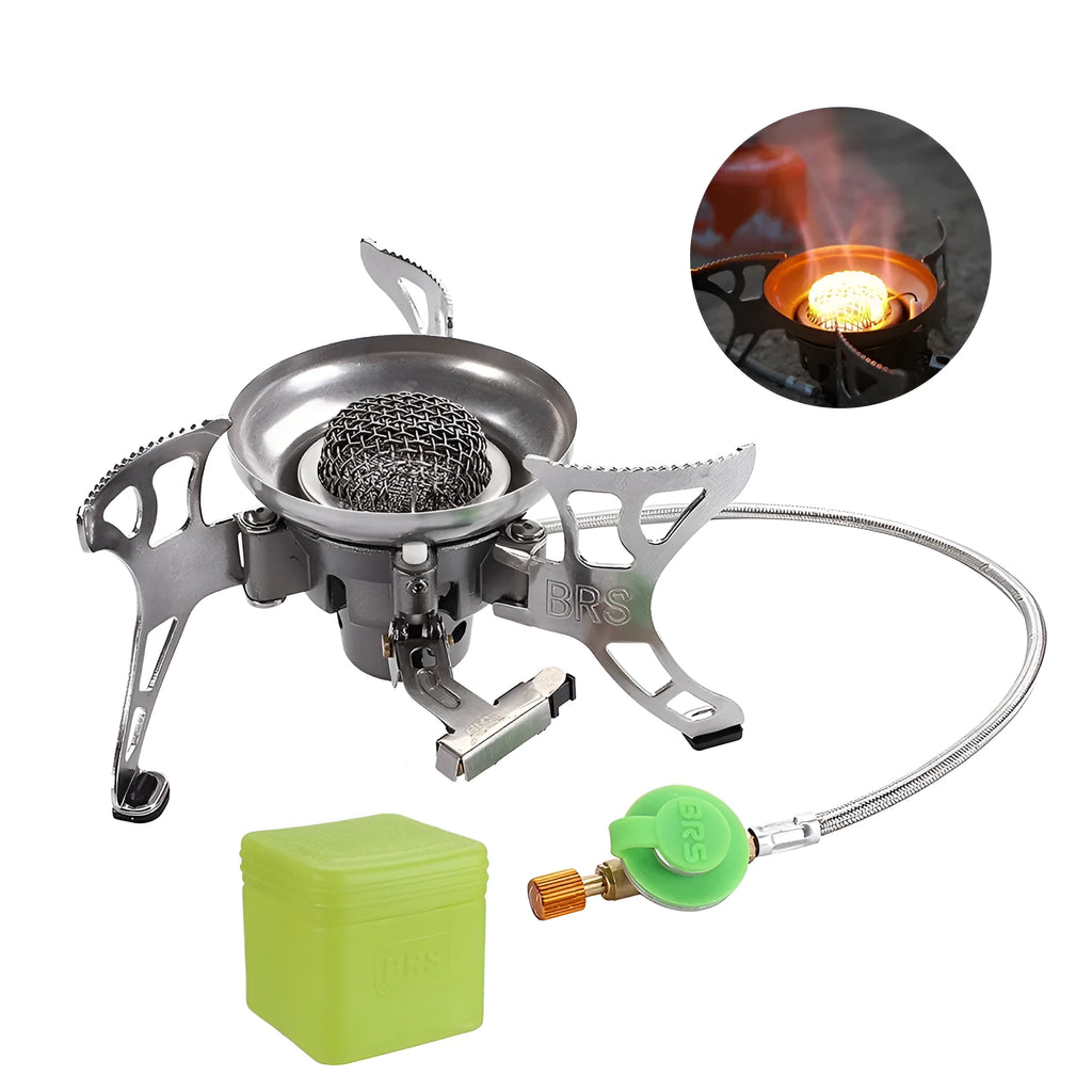 BRS-15 silver outdoor camping gas stove with stainless steel burner and copper alloy gas connections