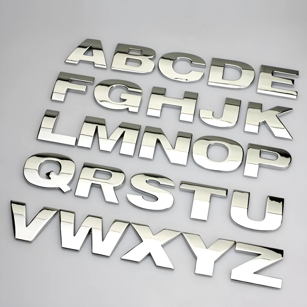 Zinc alloy metal car sticker with 3D raised English letter measuring 2.5cm in black finish