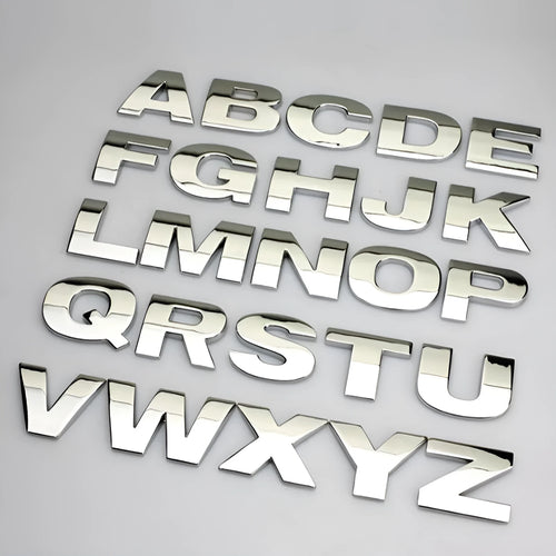 Zinc alloy metal car sticker with 3D raised English letter measuring 2.5cm in black finish