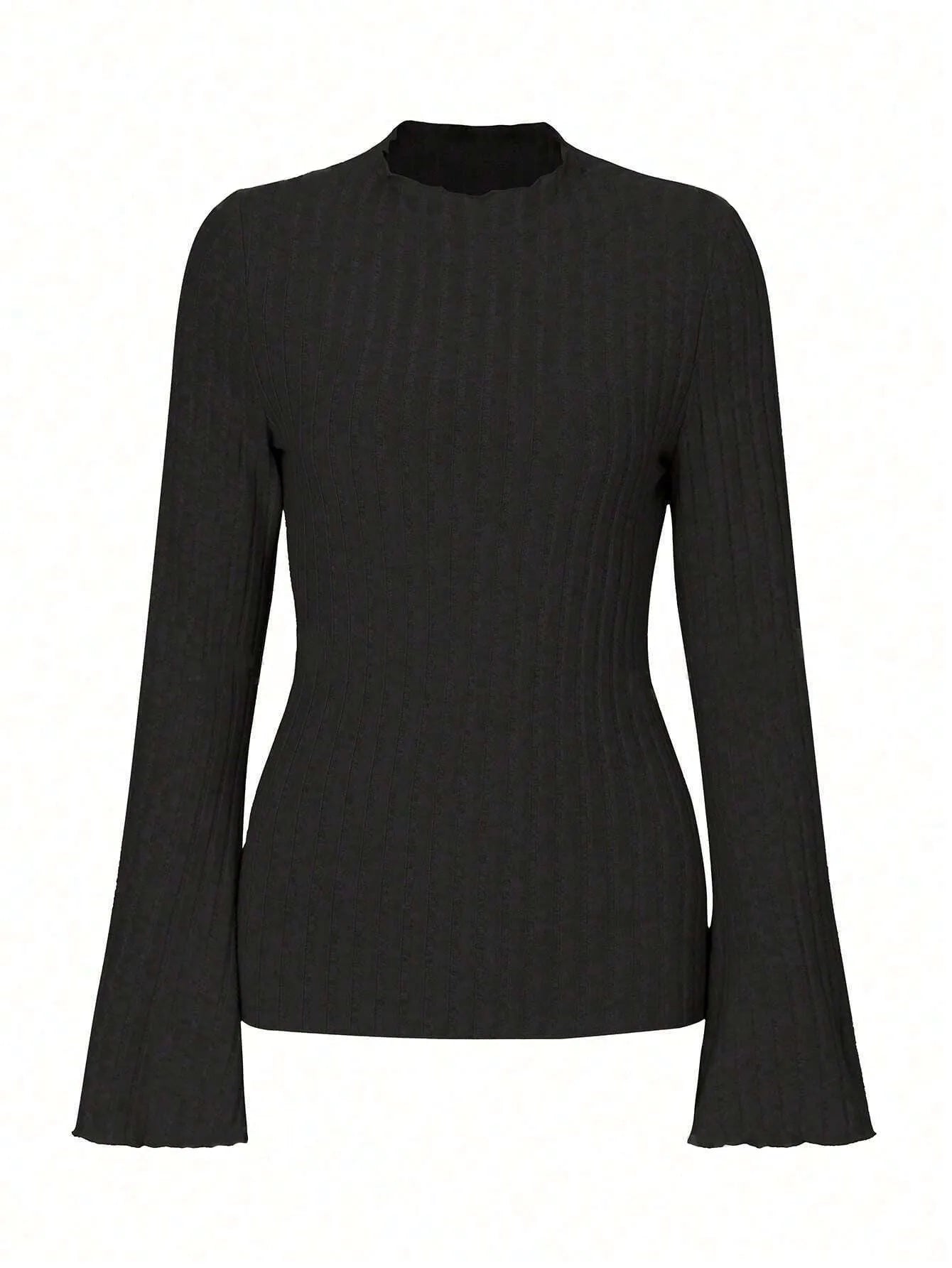 Long sleeve black top with lantern sleeves and sunken stripe texture, laid flat.