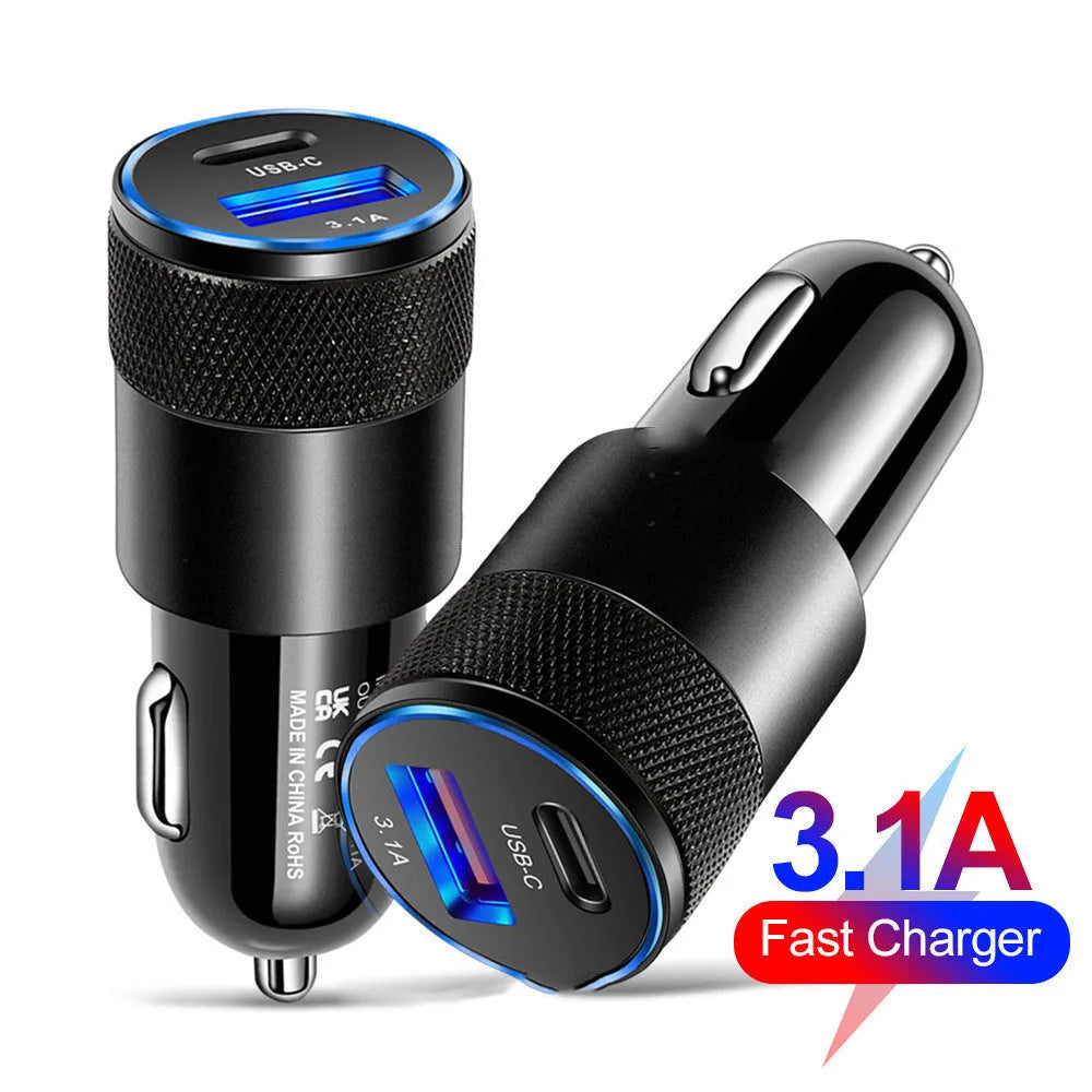 Aluminium alloy mobile phone car charger in black or black silver with compact 2.5x6cm dimensions
