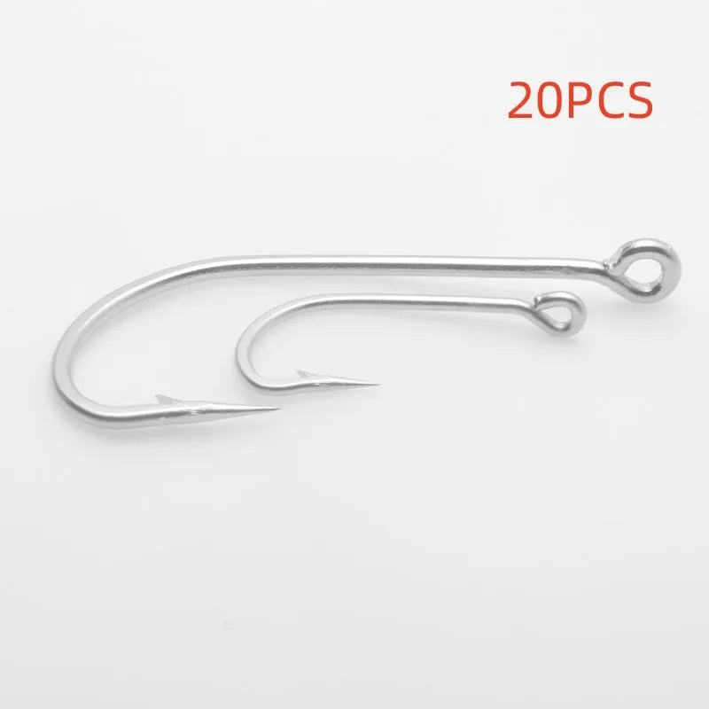 Assortment of multi-style alloy sea fishing hooks for weever and snakehead on a blue background.