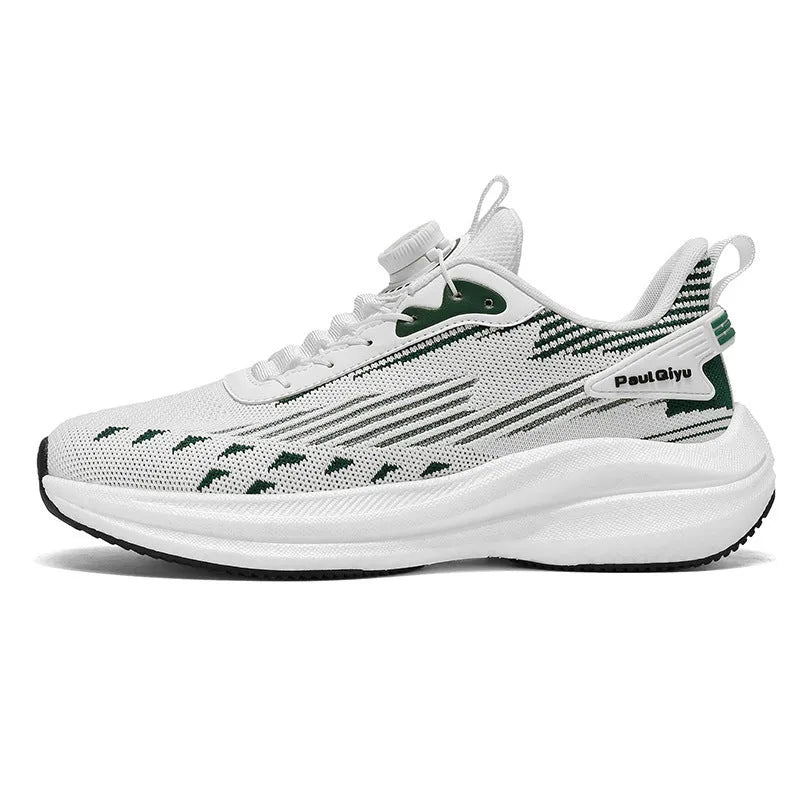 Men's white and green casual running shoes with fly-kit mesh, rotating buckle, and flat TPU sole.