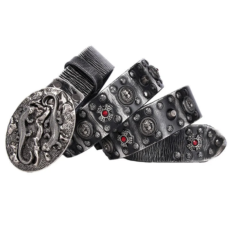 Men's black genuine leather belt with punk rivet detailing and a silver alloy smooth buckle.
