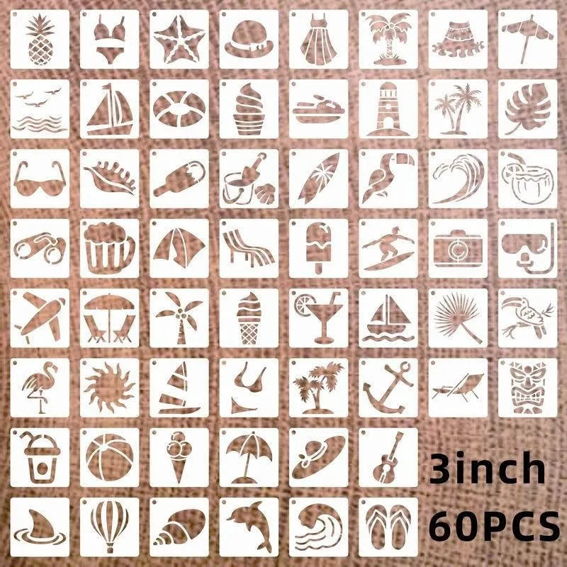 700 piece hollow spray painting stencil set showing animals, ocean, Hawaii, letter, and floral designs on milky white PET film