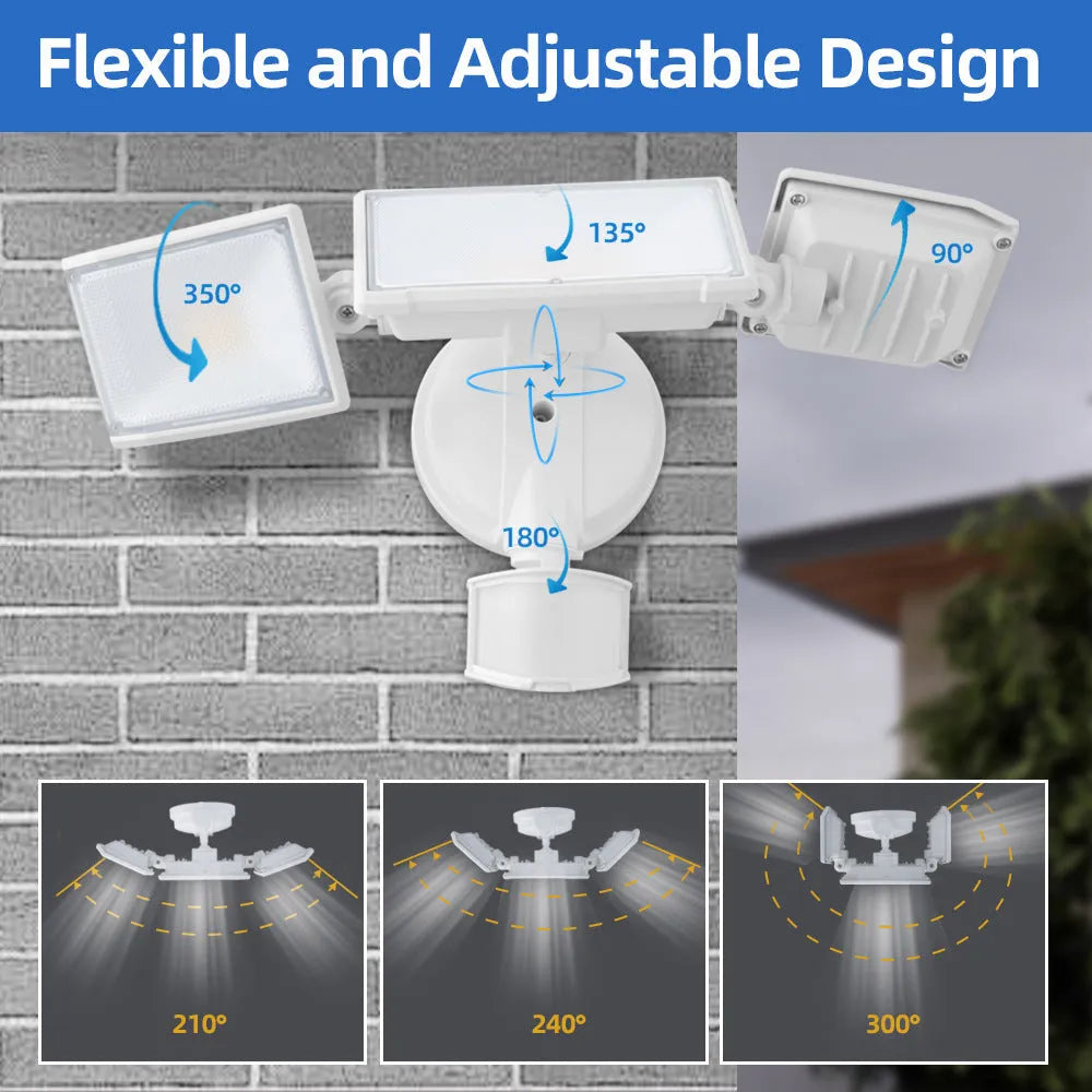 White and black versions of a 120V LED motion sensor security flood light for wall or ceiling mounting.