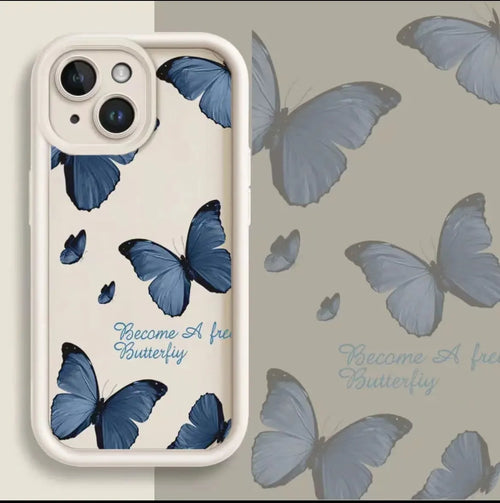 Blue butterfly printed edging drop-resistant TPU phone case for iPhone in black