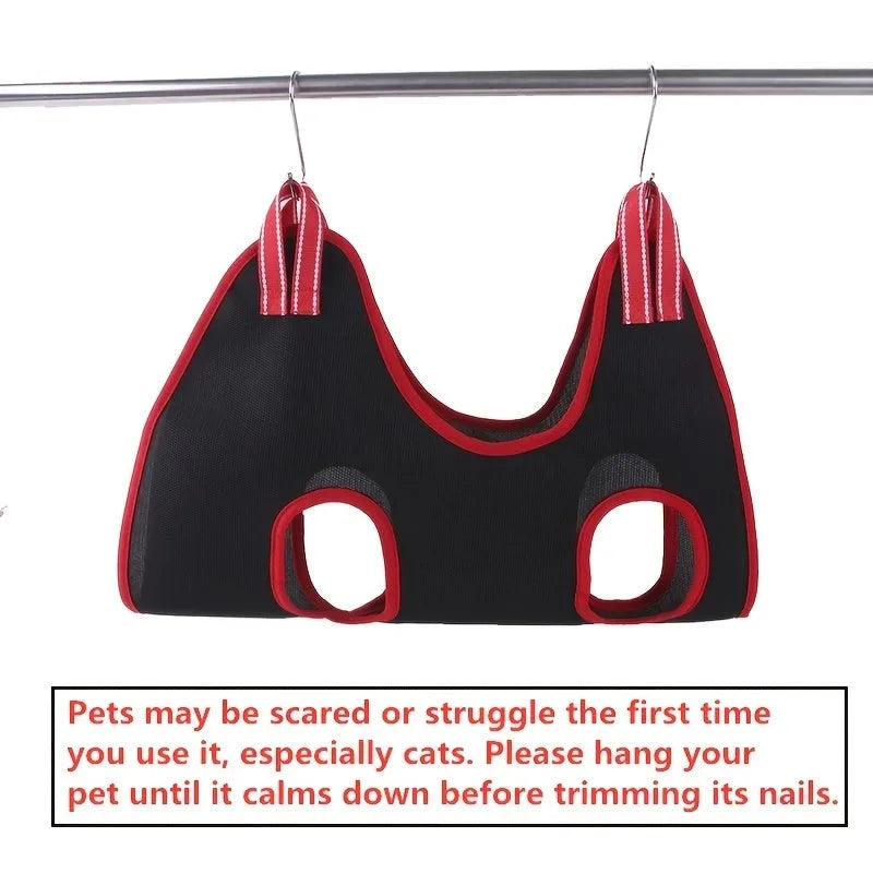 Pet grooming hammock restraint bag hanging from a hook, shown in multiple sizes for cats and dogs.