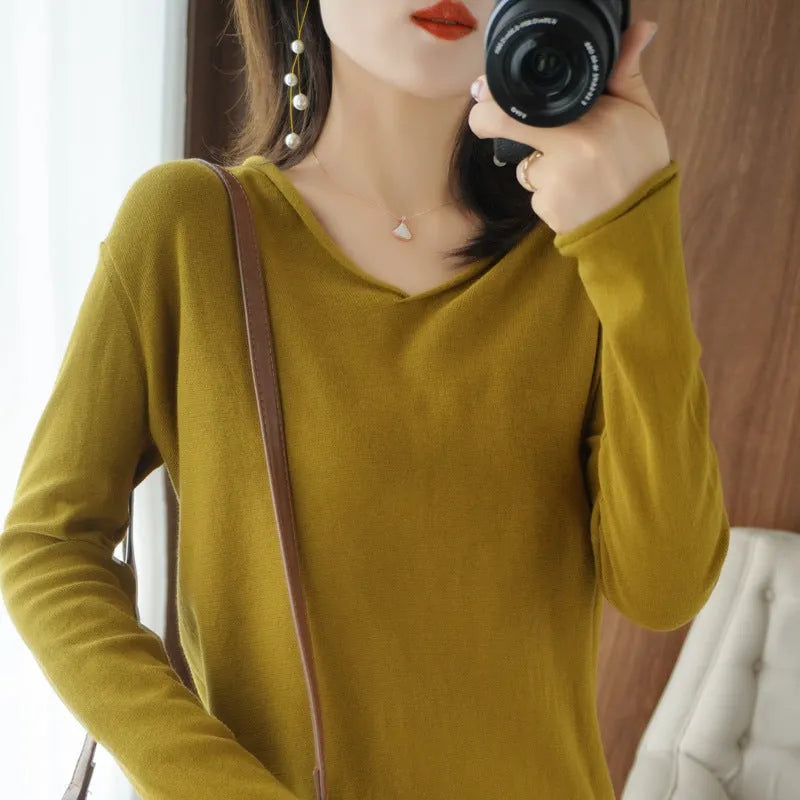 Women's V-neck long sleeve knitwear pullover top in turmeric colour with non-ironing finish