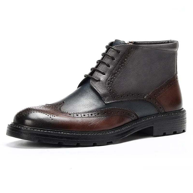 Men's vintage brogue ankle boots in curry blue cowhide leather with colour-blocking and low square heel.
