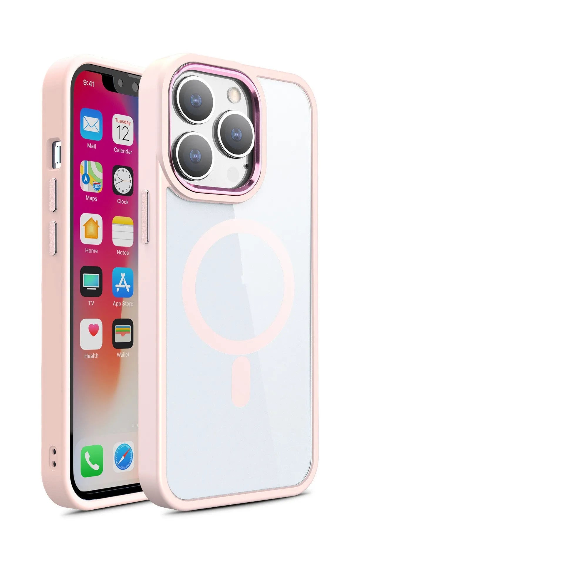 Slim magnetic transparent silicone phone case for iPhone on a MagSafe charger, showing raised edge protection.