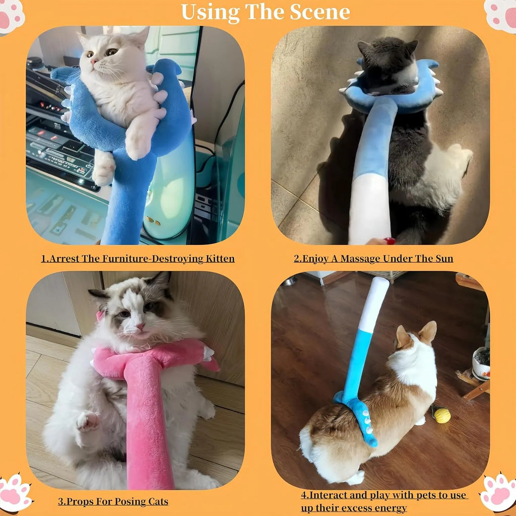 Blue plush cat wand toy with 70cm shaft and foam-filled head for interactive play