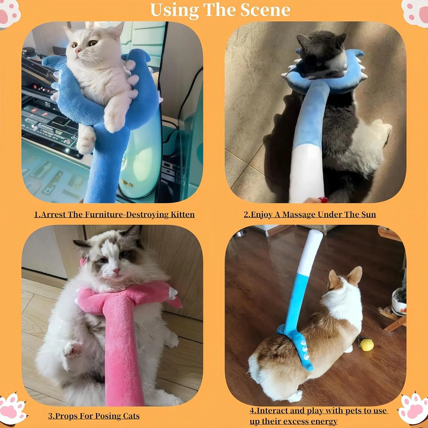 Blue plush cat wand toy with 70cm shaft and foam-filled head for interactive play