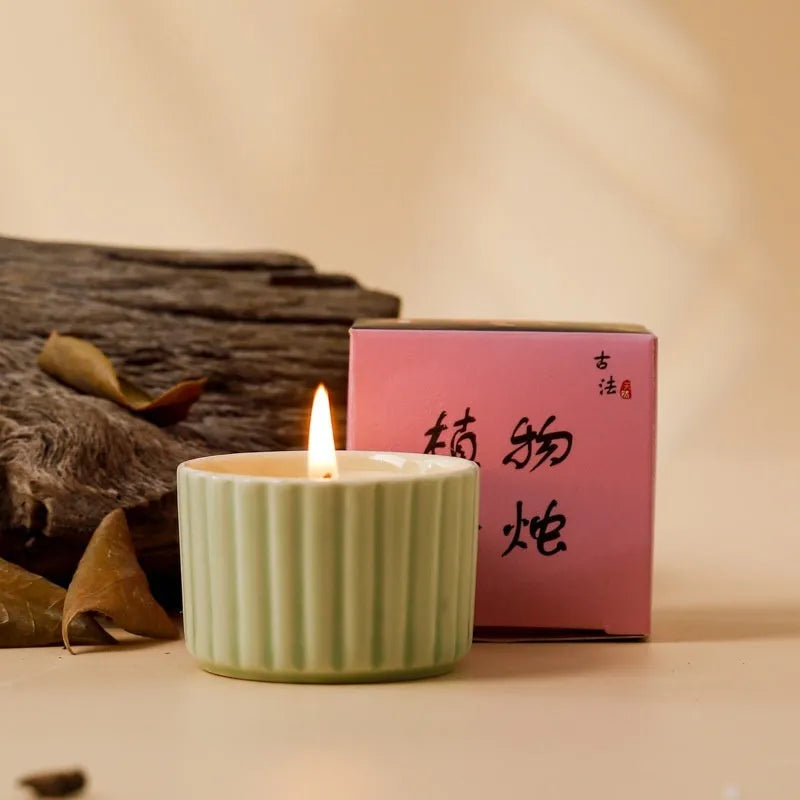 Indoor aromatherapy soy candle in ceramic cup with floral scent for bedroom use