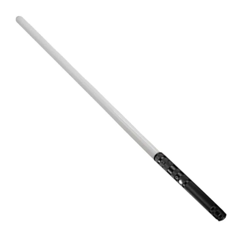 Two 2-in-1 RGB metal lightsabers connected with adapter showing ten-colour glow and metal hilt on blue background