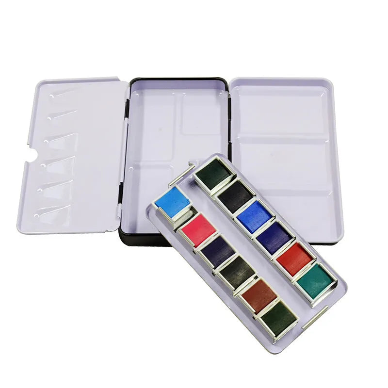 Square tinplate paint box with three-fold design for watercolour pigment storage
