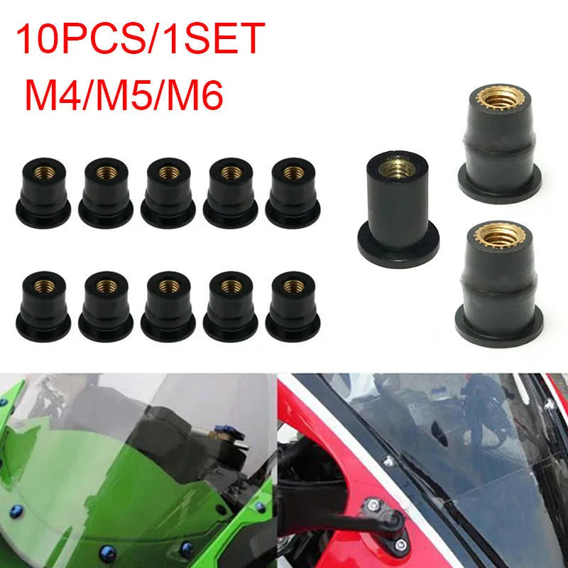 Pack of ten black brass expansion rubber well nut fasteners for motorcycle bodywork in M4, M5, and M6 sizes.