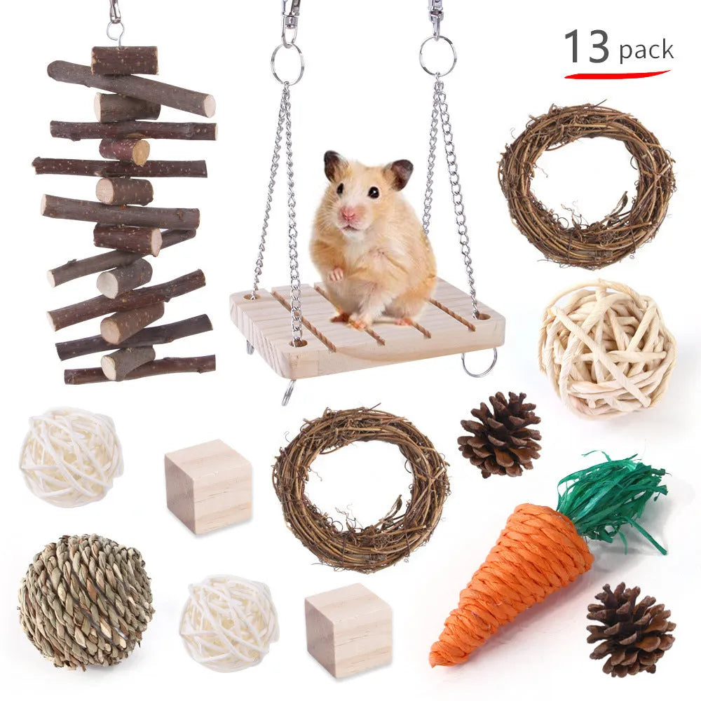Assortment of natural wooden and woven grass chew toys for small pets like rabbits and guinea pigs