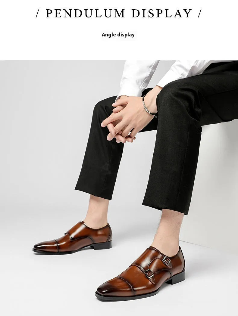 Men's black and light brown leather business shoes with square toe and rubber soles